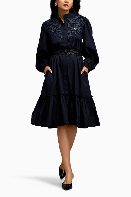 Blue Floral Embroidery And Long Structured Sleeves Dress
