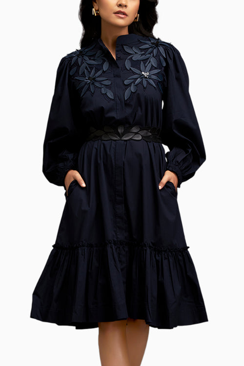 Blue Floral Embroidery And Long Structured Sleeves Dress