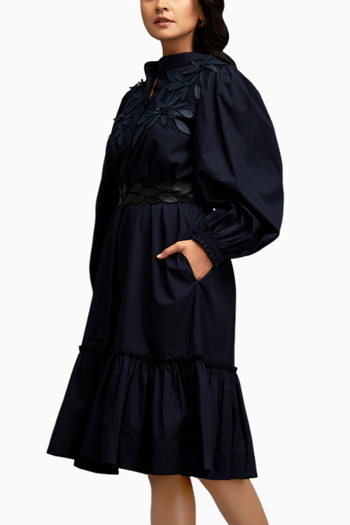 Blue Floral Embroidery And Long Structured Sleeves Dress