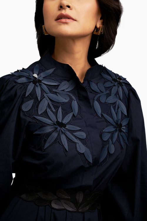 Blue Floral Embroidery And Long Structured Sleeves Dress
