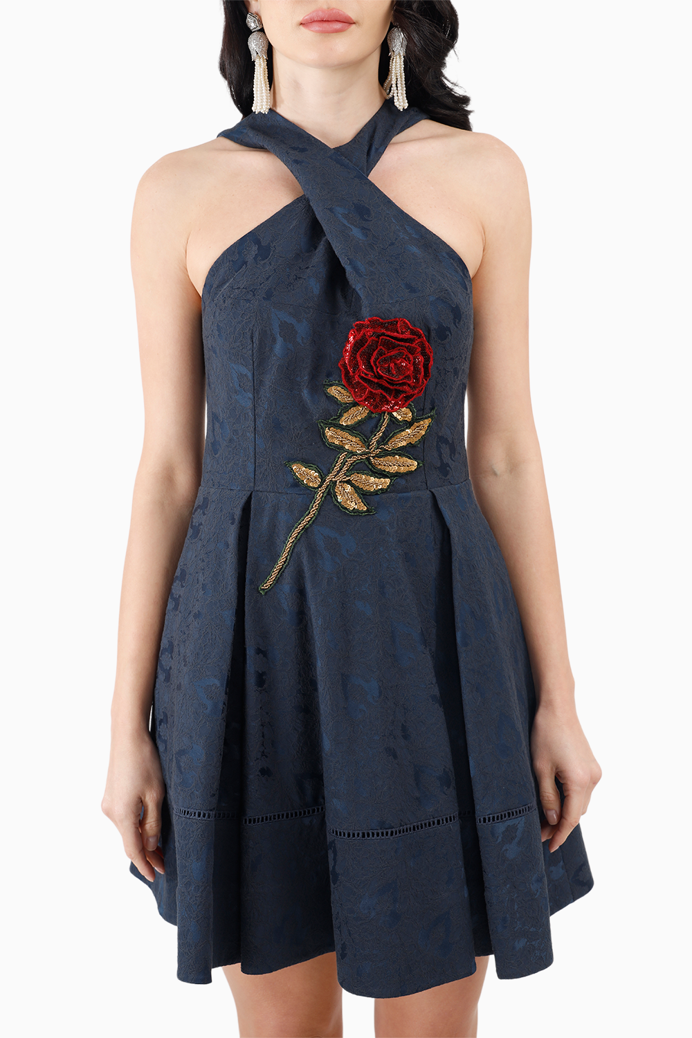 Blue Silk Jacquard Halter Mini Dress