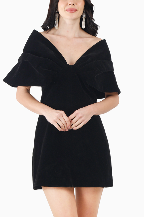 Black Velvet Exaggerated Shoulder Mini Dress