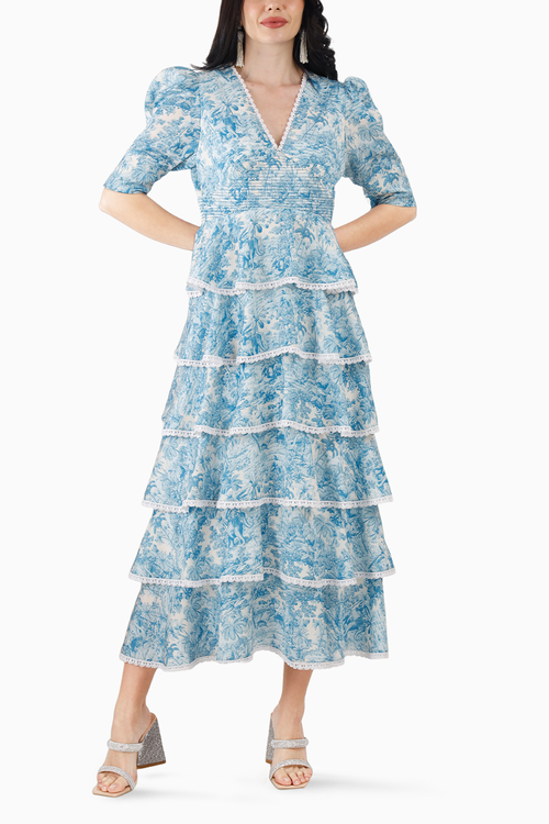 Multi Tiered Scallop Hem Midi Dress in Blue Jungle
