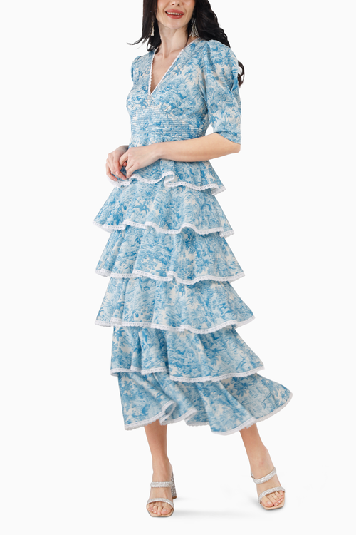 Multi Tiered Scallop Hem Midi Dress in Blue Jungle