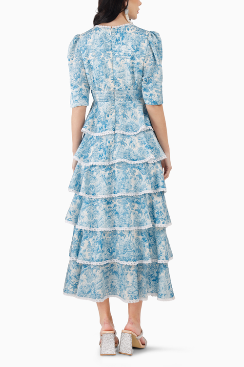 Multi Tiered Scallop Hem Midi Dress in Blue Jungle