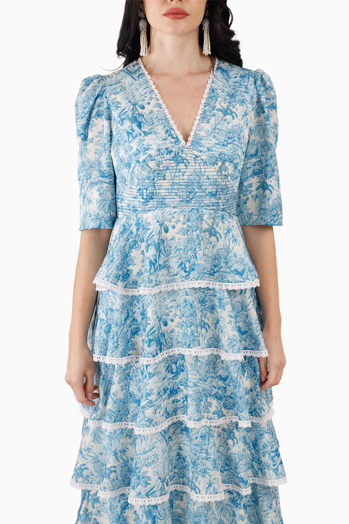 Multi Tiered Scallop Hem Midi Dress in Blue Jungle