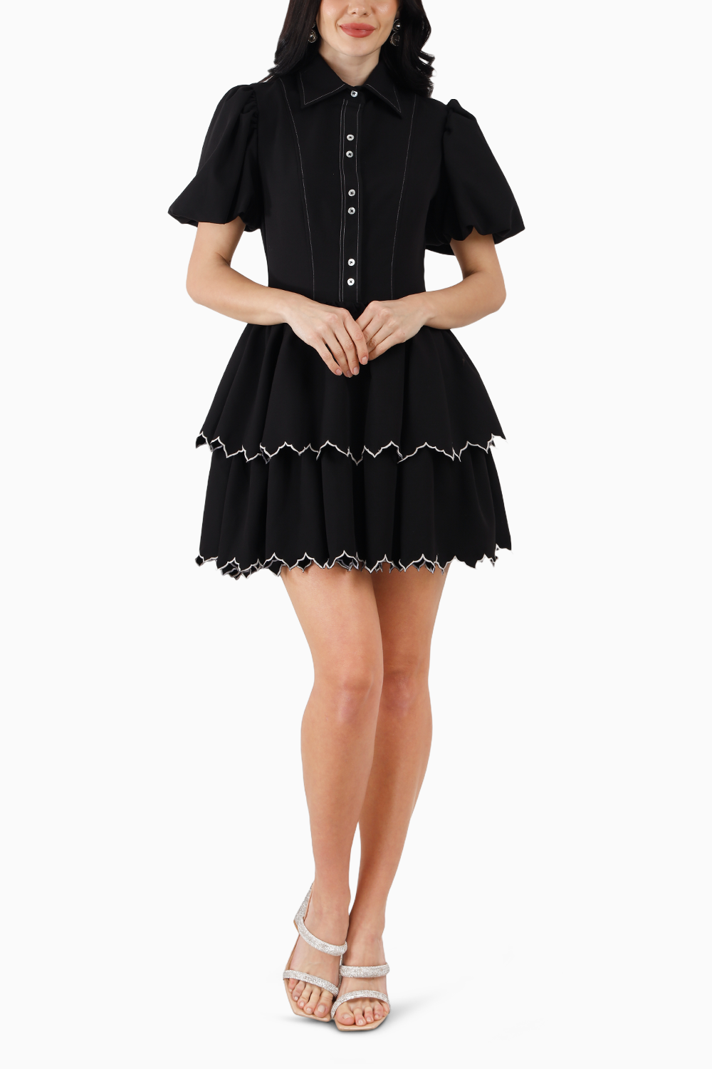Black Twin Tier Edgy Scallop Mini Dress