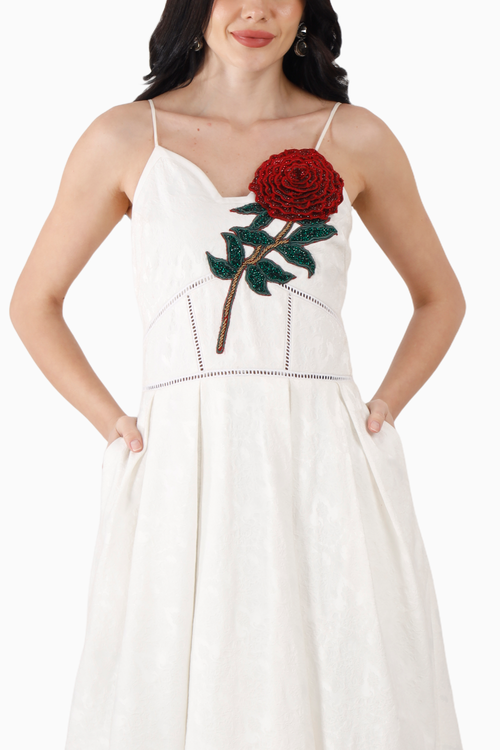 White Silk Jacquard Midi Dress with Embellished Jacket