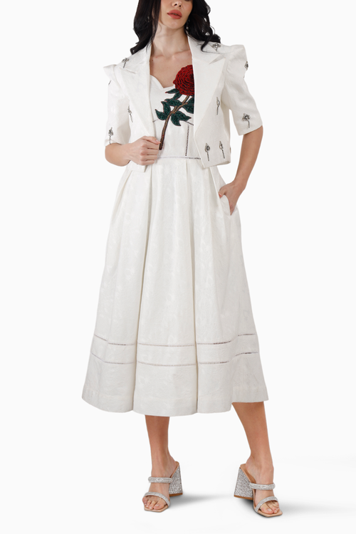 White Silk Jacquard Midi Dress with Embellished Jacket