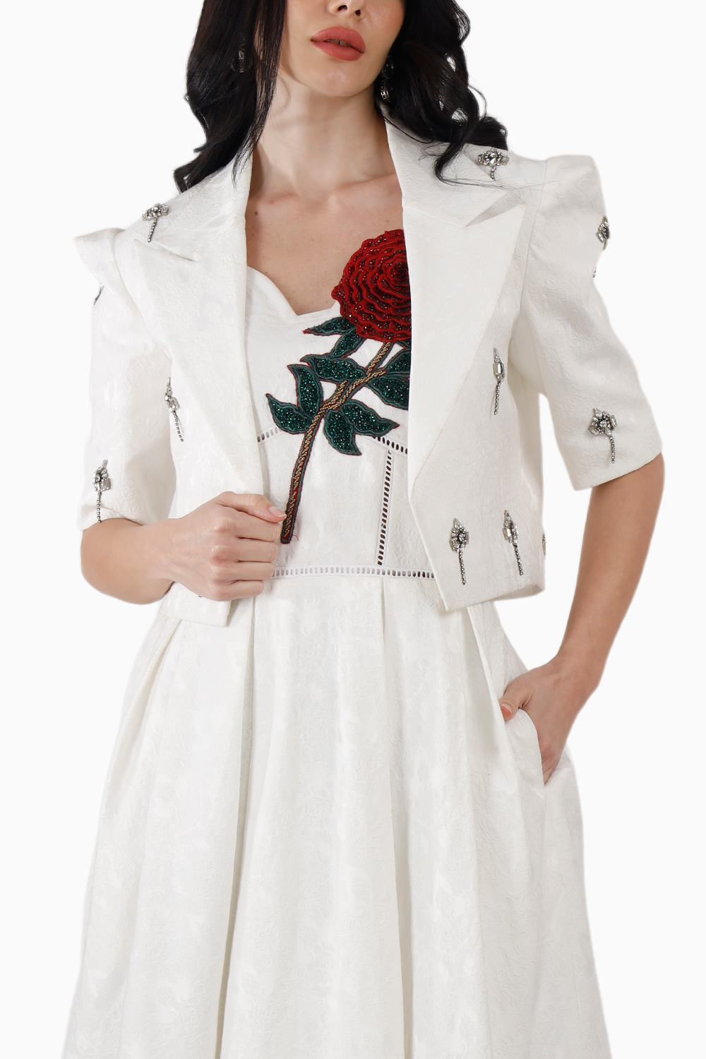 White Silk Jacquard Midi Dress with Embellished Jacket