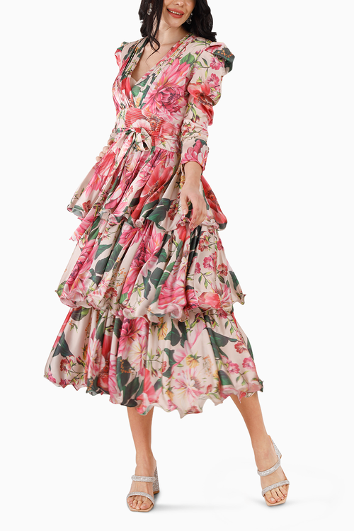 Pink Floral Triple Tier Midi Dress