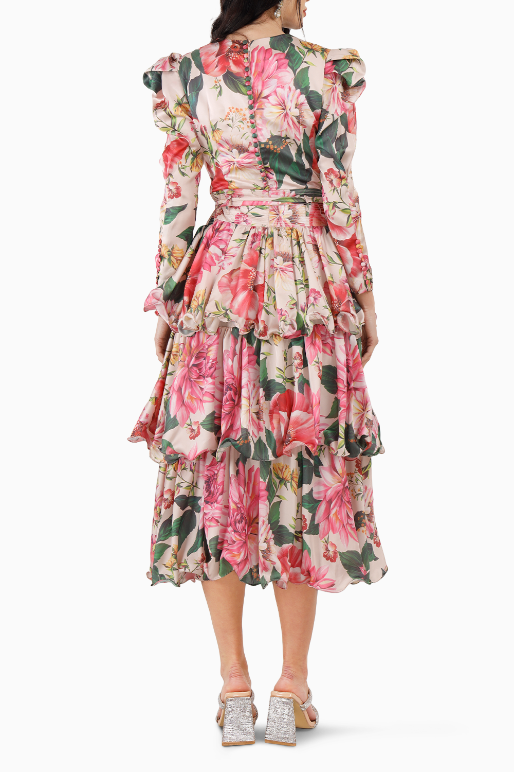 Pink Floral Triple Tier Midi Dress