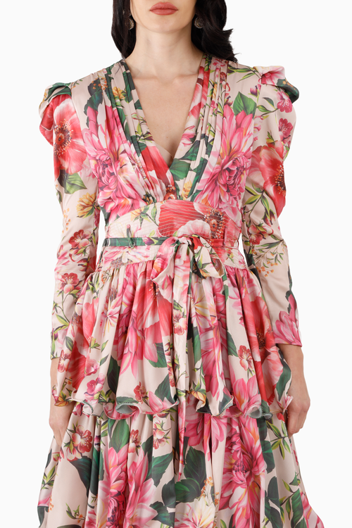 Pink Floral Triple Tier Midi Dress