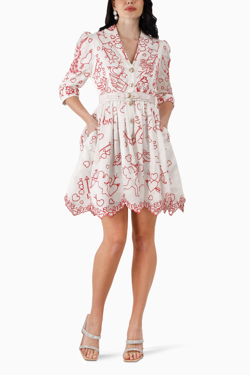 Red on White Cupid Amor Embroidered Mini Dress