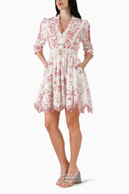 Red on White Cupid Amor Embroidered Mini Dress