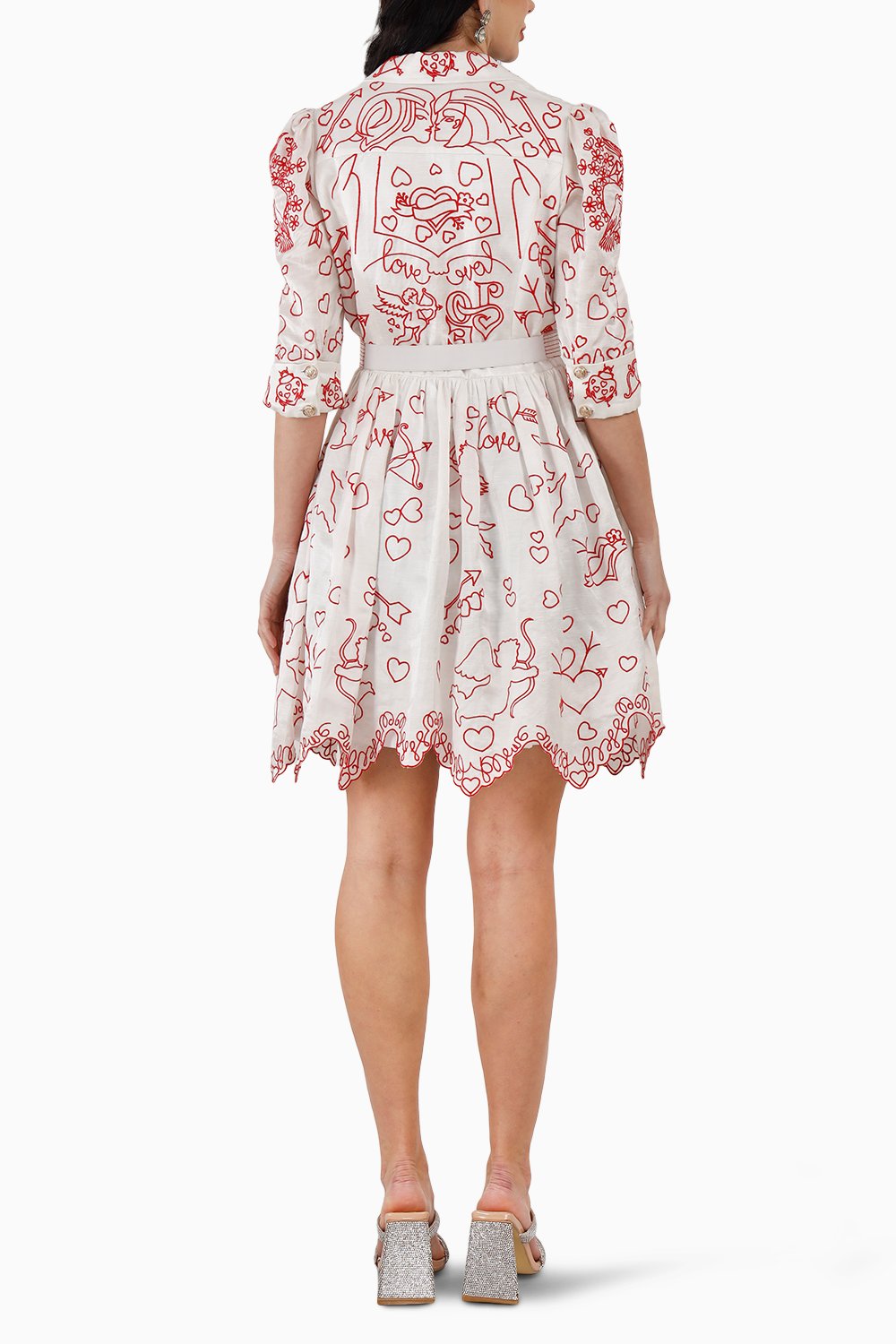 Red on White Cupid Amor Embroidered Mini Dress