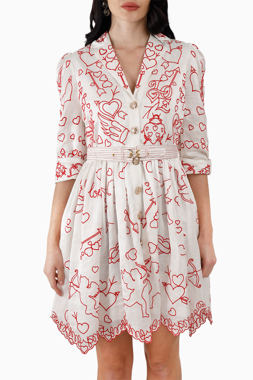 Red on White Cupid Amor Embroidered Mini Dress