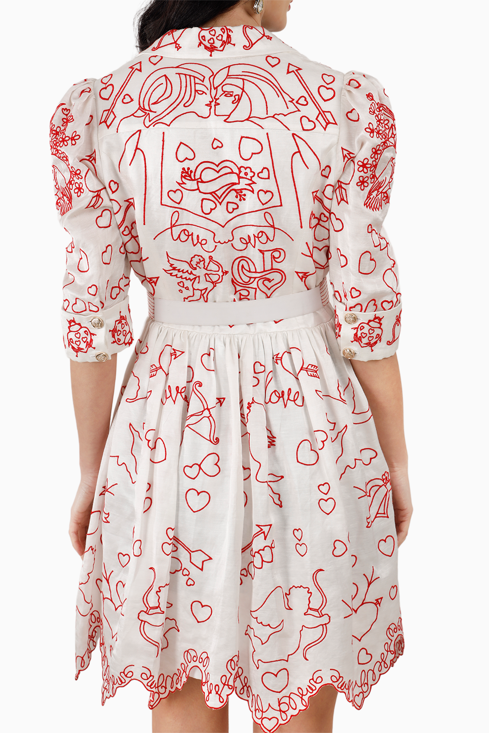 Red on White Cupid Amor Embroidered Mini Dress