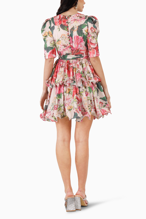 Pink Floral Satin Twin-Tier Mini Dress