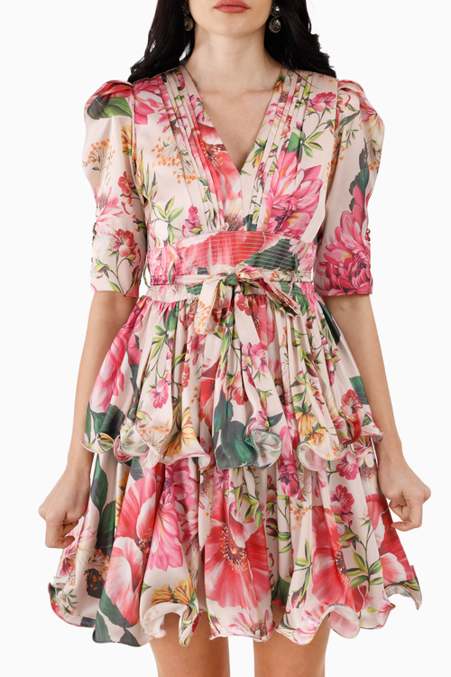 Pink Floral Satin Twin-Tier Mini Dress
