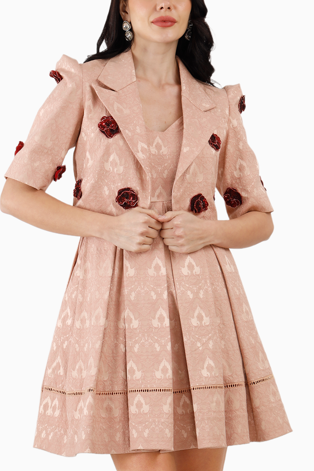 Pink Silk Jacquard Mini Dress with Embellished Jacket