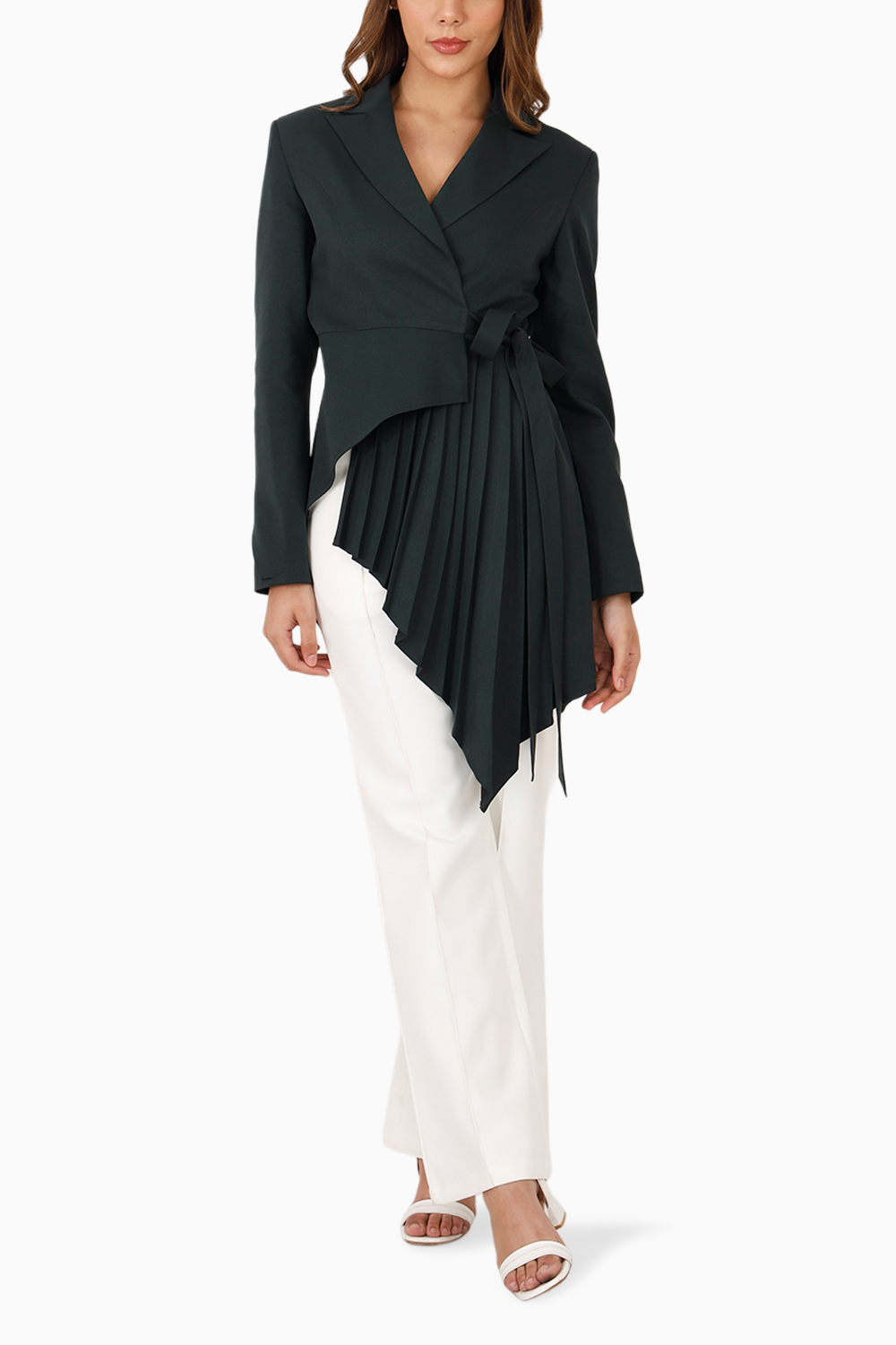 Green Wrap Style Asymmetric Pleated Blazer