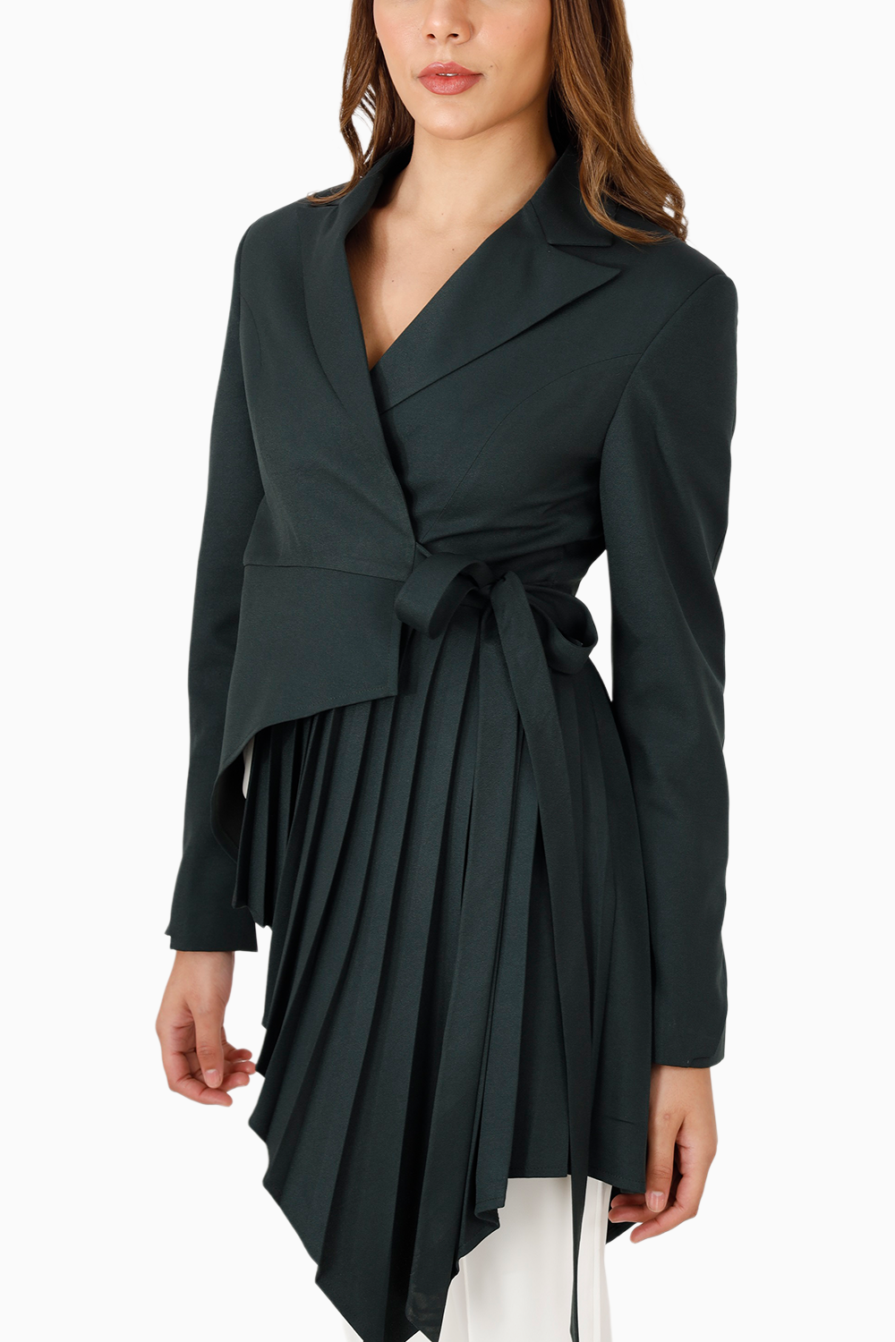 Green Wrap Style Asymmetric Pleated Blazer