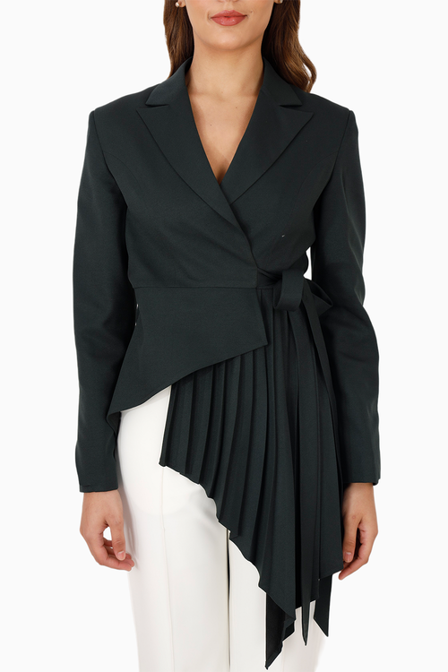Green Wrap Style Asymmetric Pleated Blazer