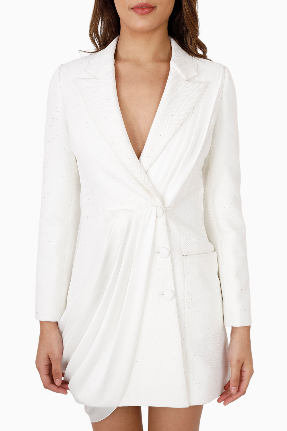 White Shimmer Draped Blazer Dress