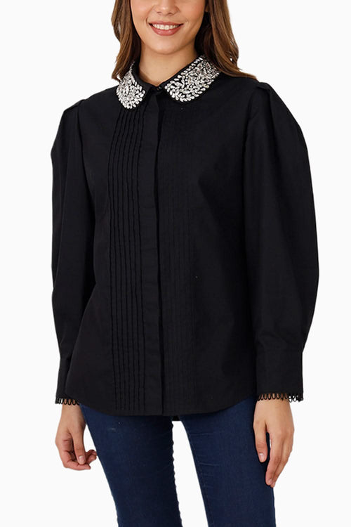 Black Pintucked Studded Collar Shirt