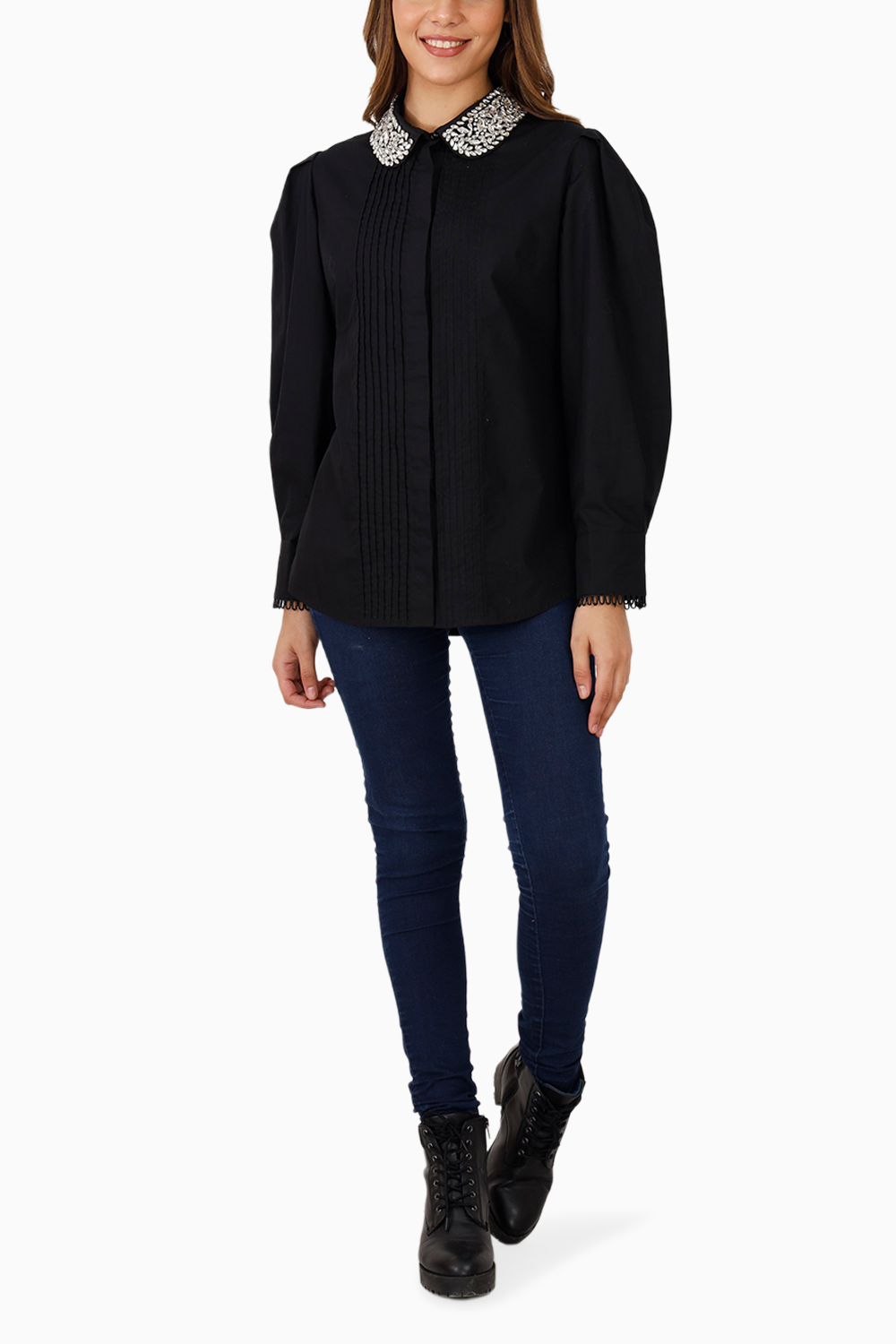 Black Pintucked Studded Collar Shirt