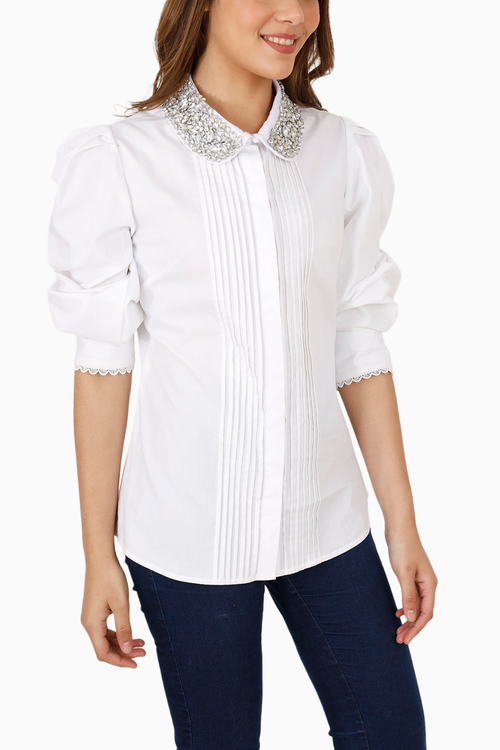 White Pintucked Studded Collar Shirt