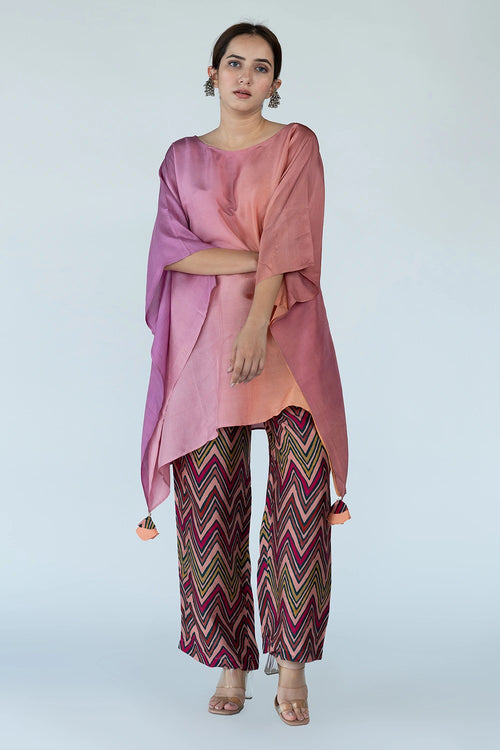 Peach Mauve Ombre Kaftan Top with Zigzag Pants