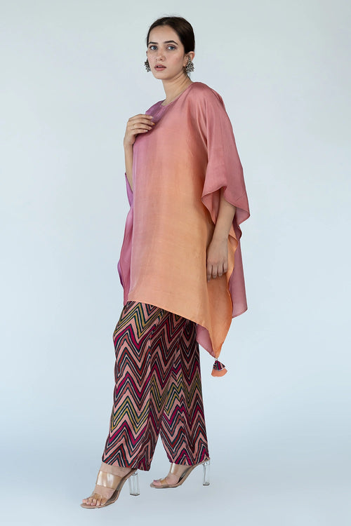 Peach Mauve Ombre Kaftan Top with Zigzag Pants