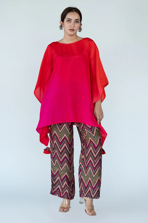 Fuschia Red Ombre Kaftan Top with Zigzag Pants