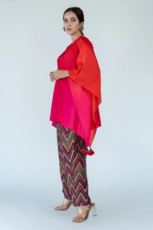 Fuschia Red Ombre Kaftan Top with Zigzag Pants