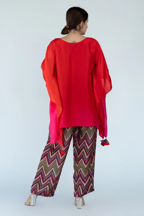 Fuschia Red Ombre Kaftan Top with Zigzag Pants