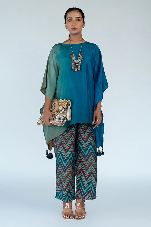 Green Blue Ombre Kaftan Top with Zigzag Pants