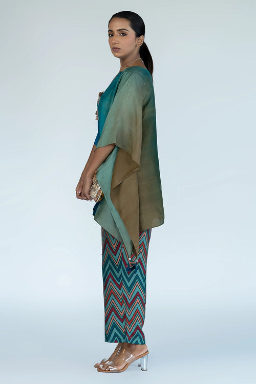Green Blue Ombre Kaftan Top with Zigzag Pants