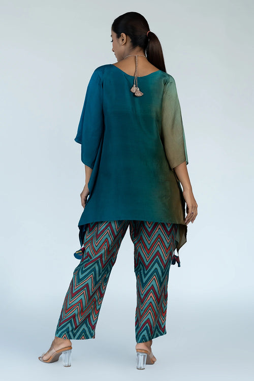 Green Blue Ombre Kaftan Top with Zigzag Pants