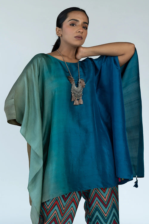 Green Blue Ombre Kaftan Top with Zigzag Pants