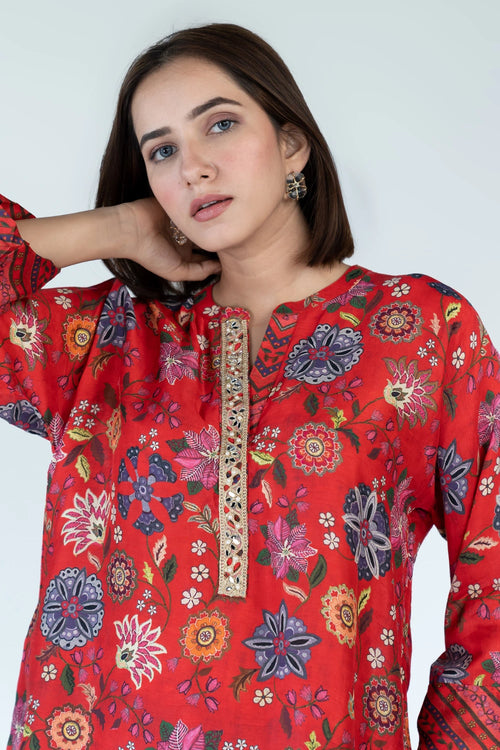 Royal Floral Print Red Co-ord Set