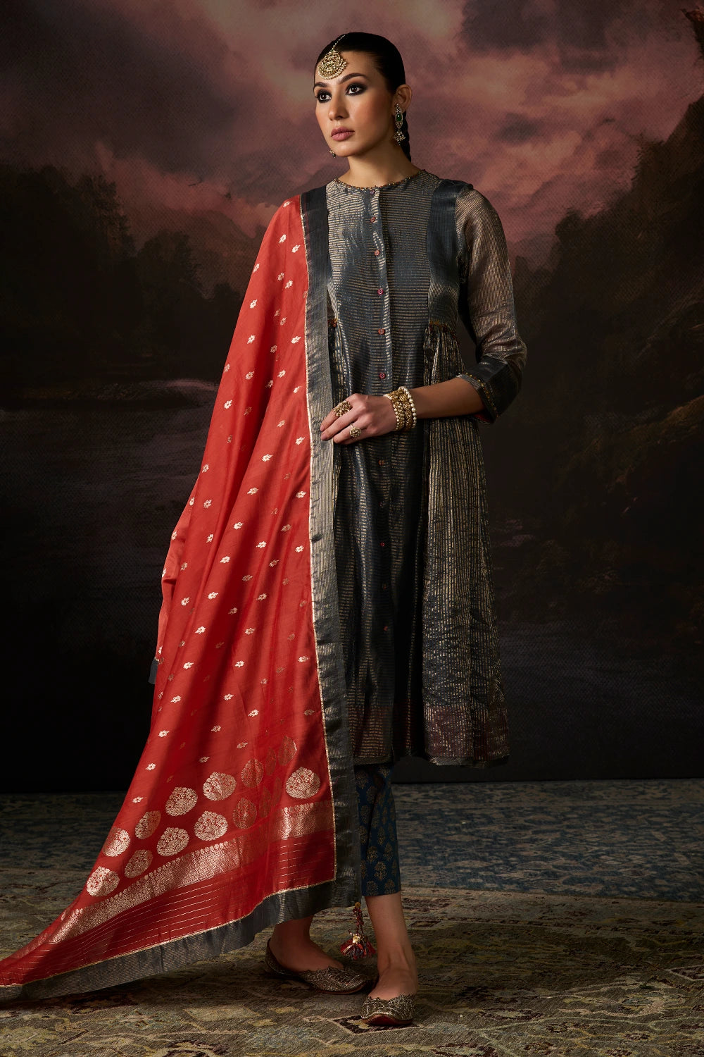 Mona Rust With Teal Border Dupatta