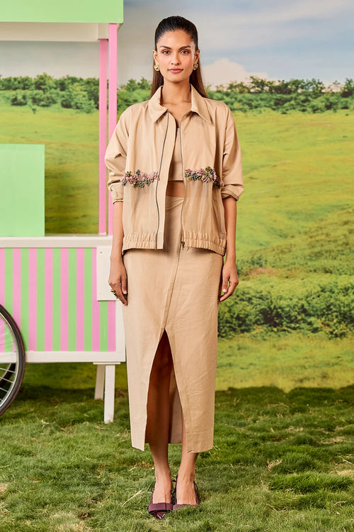 Beige Bomber And Skirt Juno Set