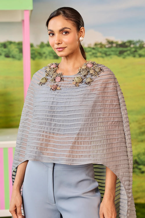 Gunmetal Long Pintucks Cape Celine Set