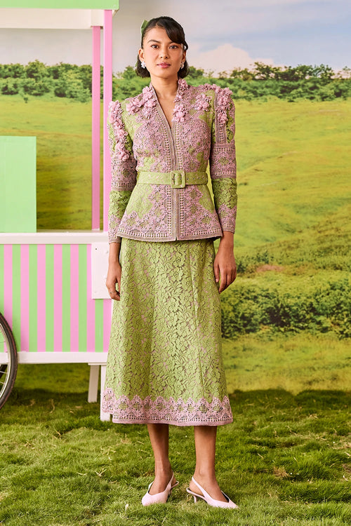 Leaf Green And Pink Emily Line Skirt Set