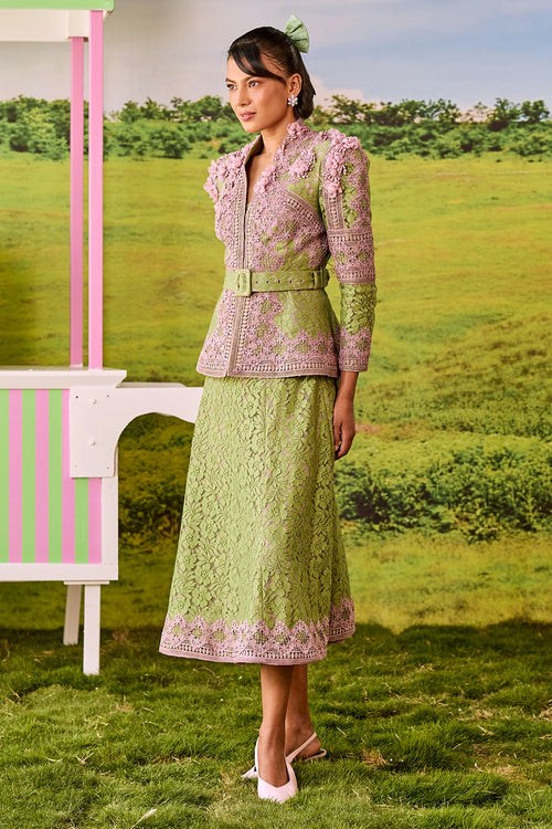 Leaf Green And Pink Emily Line Skirt Set