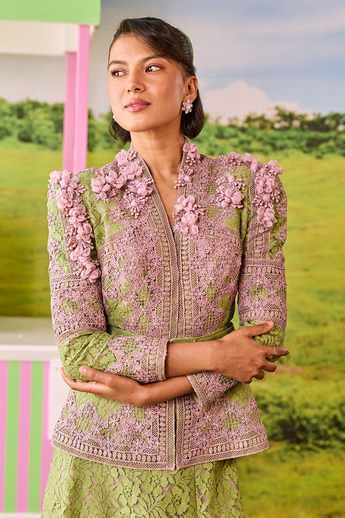 Leaf Green And Pink Emily Line Skirt Set