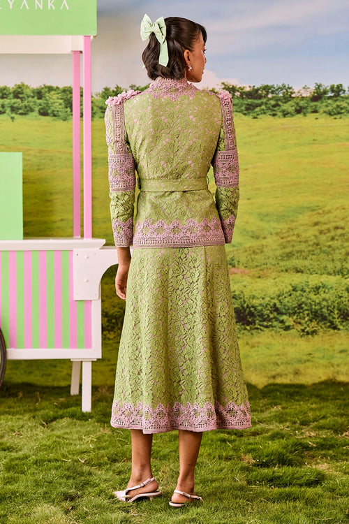 Leaf Green And Pink Emily Line Skirt Set