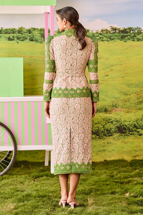 Leaf Green And Beige Emily Stright Skirt Set